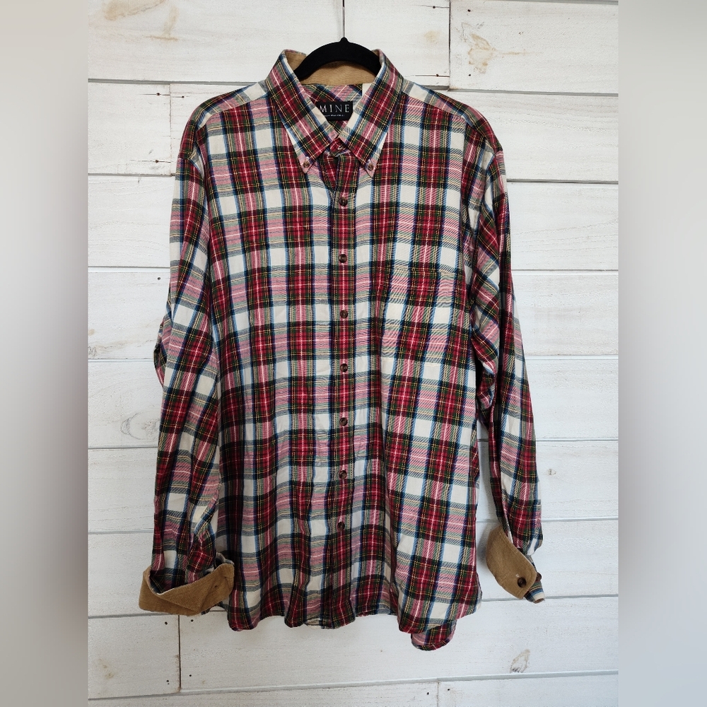 MINE Men'sbButton Down Plaid LS Shirt Red Lightweight Cotton Flannel EUC